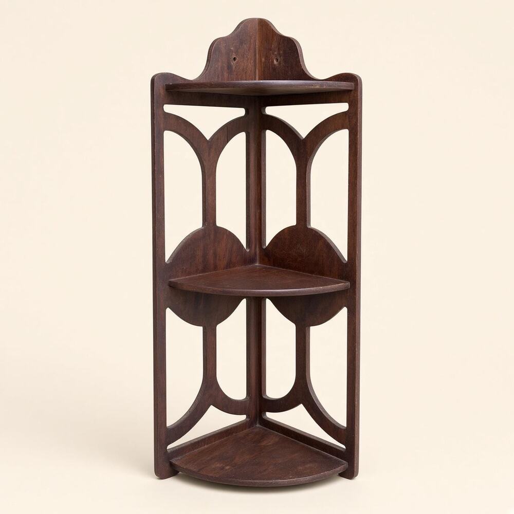 Vintage Wood Corner Curio Shelf Victorian Scalloped Fretwork Dark Stain
